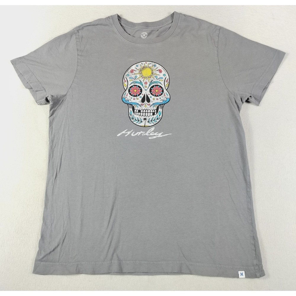 Hurley Shirt Mens Large Gray Sugar Skull Graphic Tee Tagless Day Of The‎ Dead